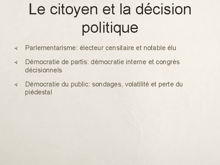 Le citoyen et la décision politique Parlementarisme: électeur censitaire et notable élu Démocratie de