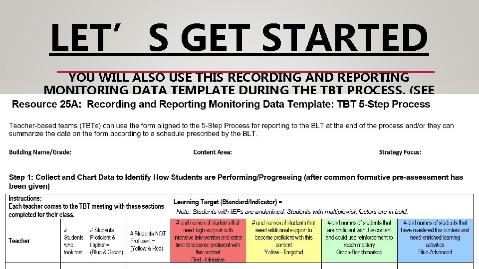 LET’S GET STARTED YOU WILL ALSO USE THIS RECORDING AND REPORTING MONITORING DATA TEMPLATE
