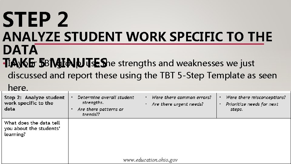 STEP 2 ANALYZE STUDENT WORK SPECIFIC TO THE DATA • TAKE In your 5