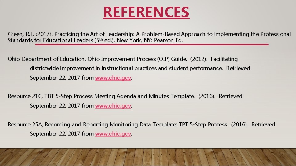 REFERENCES Green, R. L. (2017). Practicing the Art of Leadership: A Problem-Based Approach to