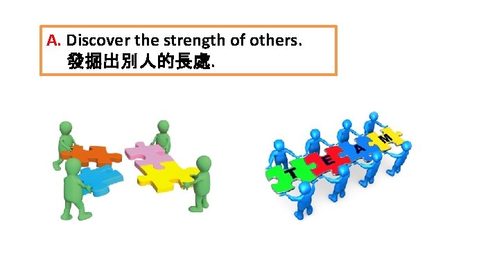 A. Discover the strength of others. 發掘出別人的長處. 