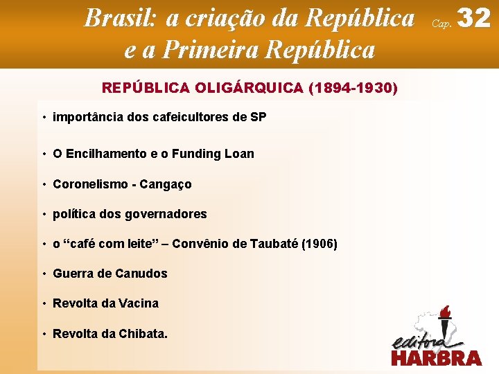 Brasil: a criação da República e a Primeira República REPÚBLICA OLIGÁRQUICA (1894 -1930) •