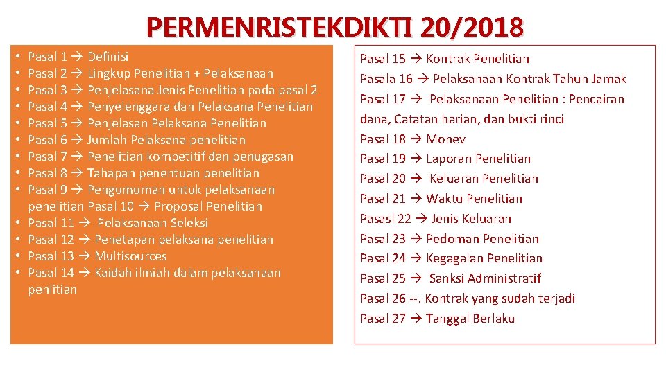 PERMENRISTEKDIKTI 20/2018 • • • • Pasal 1 Definisi Pasal 2 Lingkup Penelitian +