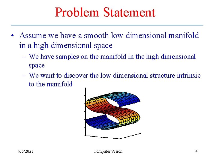 Problem Statement • Assume we have a smooth low dimensional manifold in a high