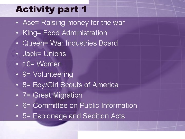 Activity part 1 • • • Ace= Raising money for the war King= Food