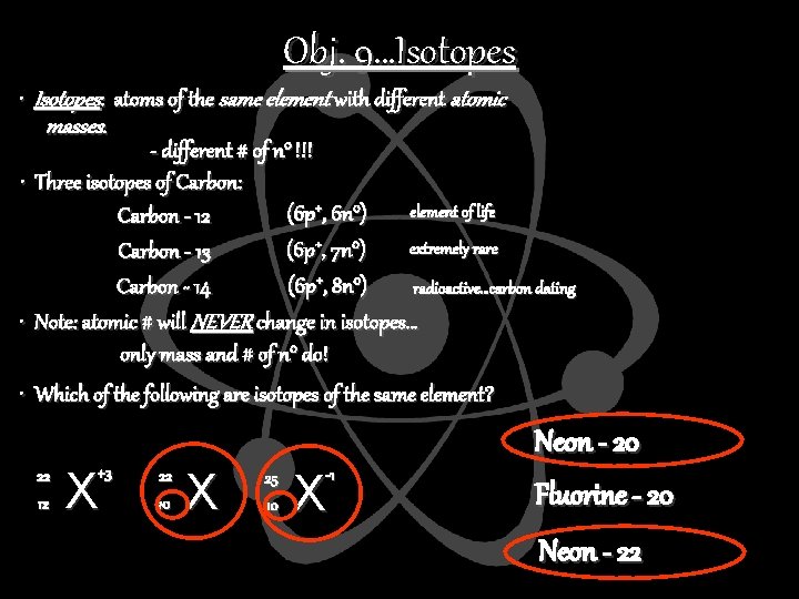 Obj. 9…Isotopes • Isotopes: atoms of the same element with different atomic masses. -