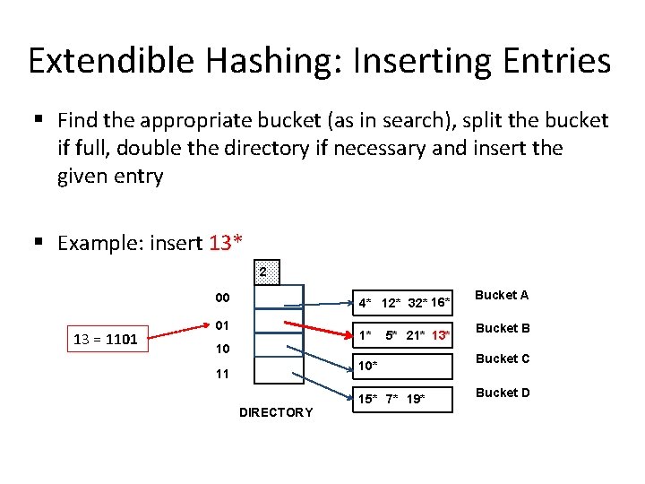 Extendible Hashing: Inserting Entries § Find the appropriate bucket (as in search), split the Extendible Hashing: Inserting Entries § Find the appropriate bucket (as in search), split the