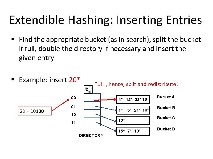 Extendible Hashing: Inserting Entries § Find the appropriate bucket (as in search), split the Extendible Hashing: Inserting Entries § Find the appropriate bucket (as in search), split the