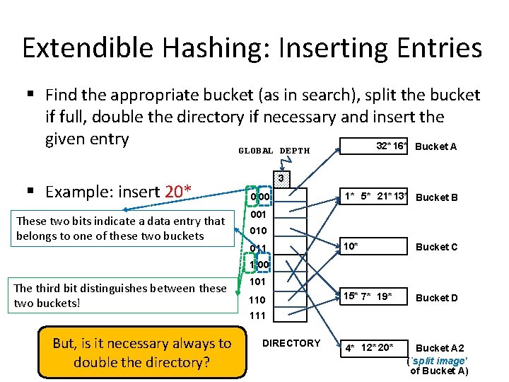 Extendible Hashing: Inserting Entries § Find the appropriate bucket (as in search), split the Extendible Hashing: Inserting Entries § Find the appropriate bucket (as in search), split the