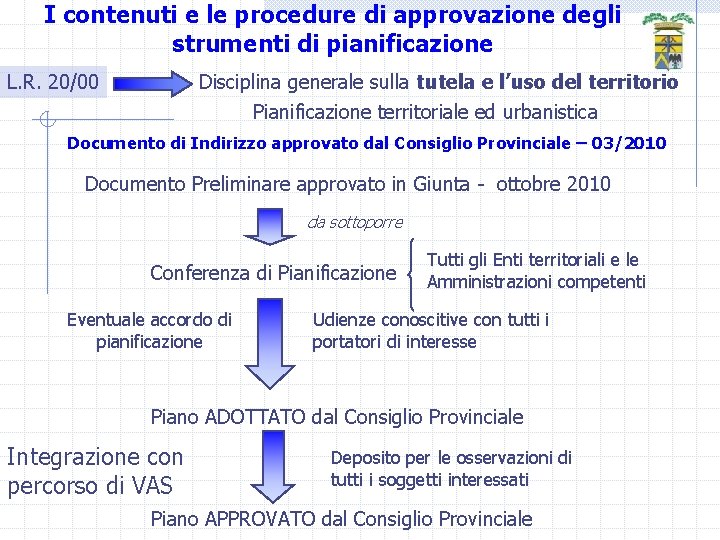 I contenuti e le procedure di approvazione degli strumenti di pianificazione L. R. 20/00