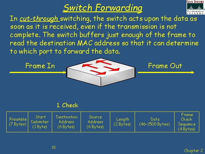 Switch Forwarding In cut-through switching, the switch acts upon the data as soon as