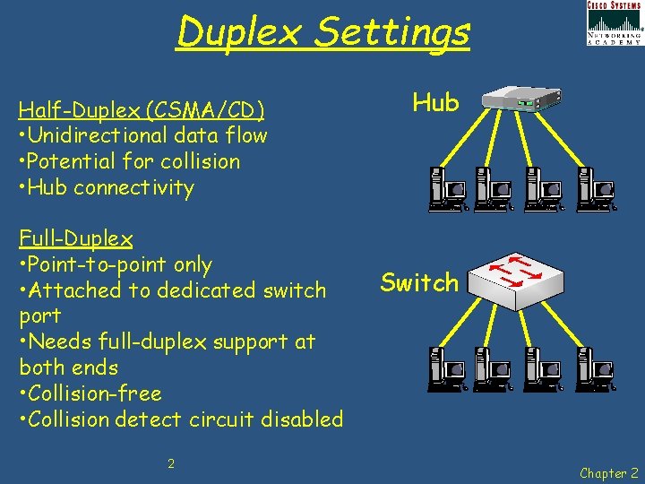 Duplex Settings Half-Duplex (CSMA/CD) • Unidirectional data flow • Potential for collision • Hub