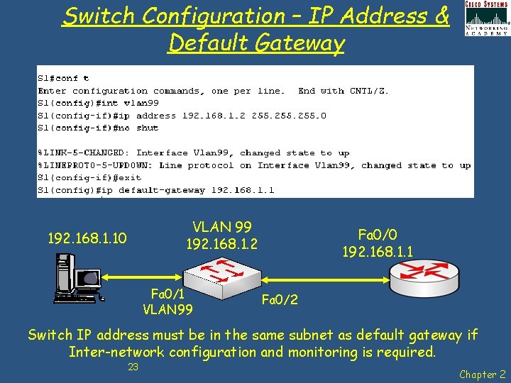 Switch Configuration – IP Address & Default Gateway VLAN 99 192. 168. 1. 2