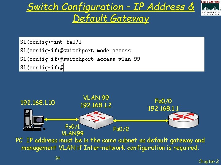 Switch Configuration – IP Address & Default Gateway VLAN 99 192. 168. 1. 2