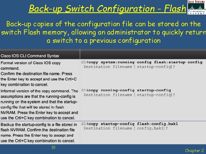 Back-up Switch Configuration - Flash Back-up copies of the configuration file can be stored