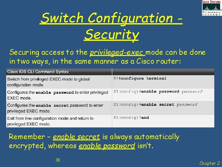 Switch Configuration Security Securing access to the privileged-exec mode can be done in two