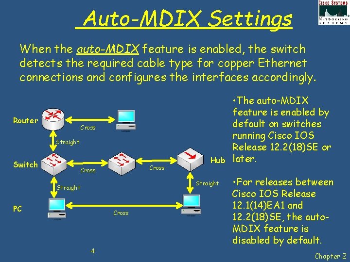 Auto-MDIX Settings When the auto-MDIX feature is enabled, the switch detects the required cable