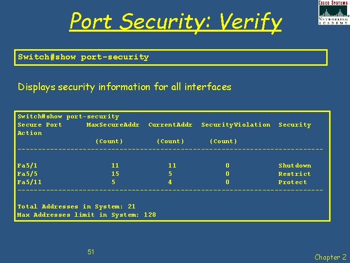 Port Security: Verify Switch#show port-security Displays security information for all interfaces Switch#show port-security Secure