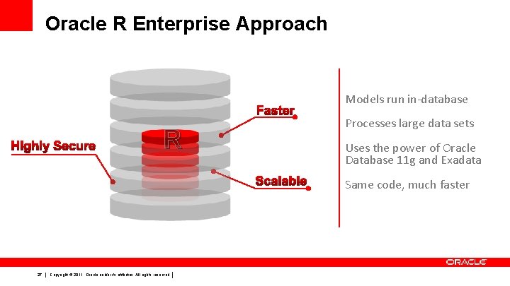 Oracle R Enterprise Approach Models run in-database R Processes large data sets Uses the