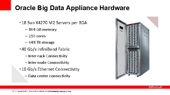 Oracle Big Data Appliance Hardware • 18 Sun X 4270 M 2 Servers per