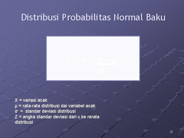 Distribusi Probabilitas Normal Baku z = χ-µ σ X = variasi acak µ =