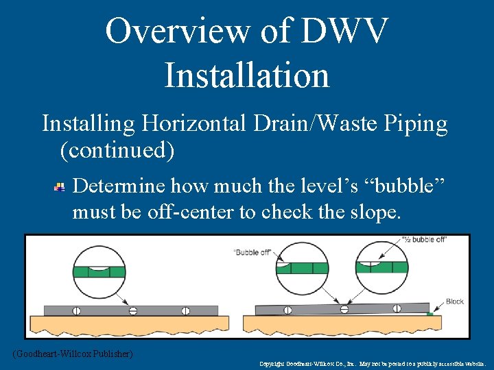 Overview of DWV Installation Installing Horizontal Drain/Waste Piping (continued) Determine how much the level’s