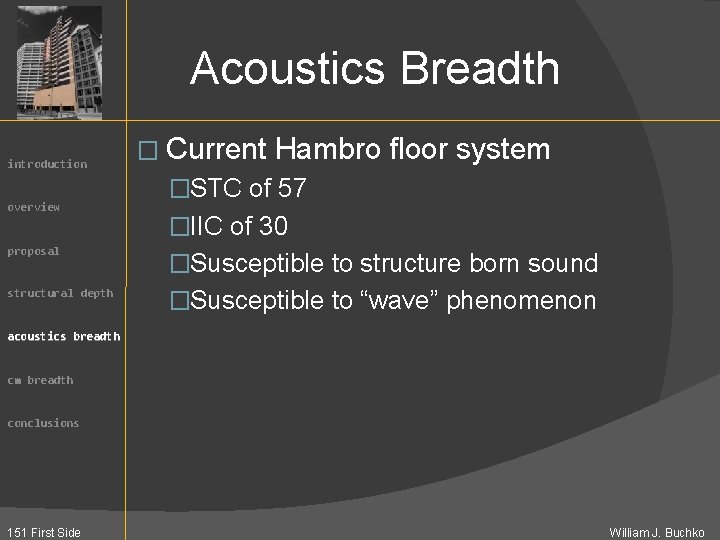 Acoustics Breadth introduction overview � Current Hambro floor system �STC of 57 �IIC of