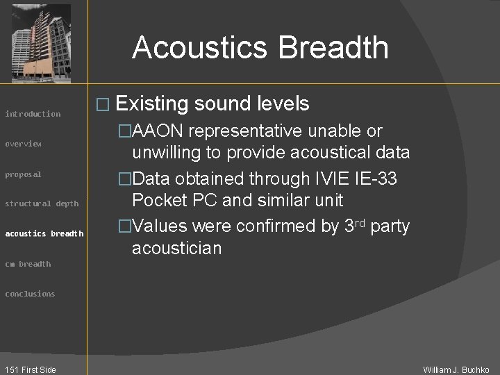 Acoustics Breadth introduction overview proposal structural depth acoustics breadth � Existing sound levels �AAON