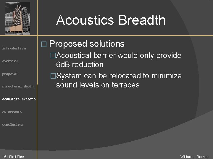 Acoustics Breadth introduction overview proposal structural depth � Proposed solutions �Acoustical barrier would only
