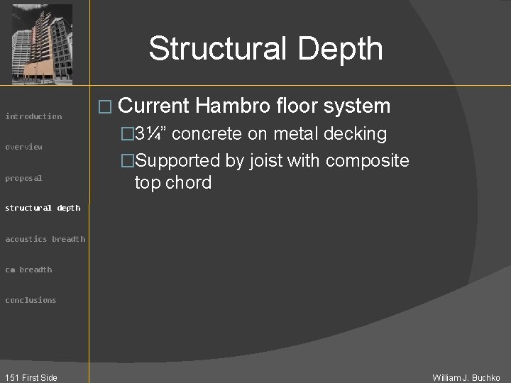 Structural Depth introduction overview proposal � Current Hambro floor system � 3¼” concrete on
