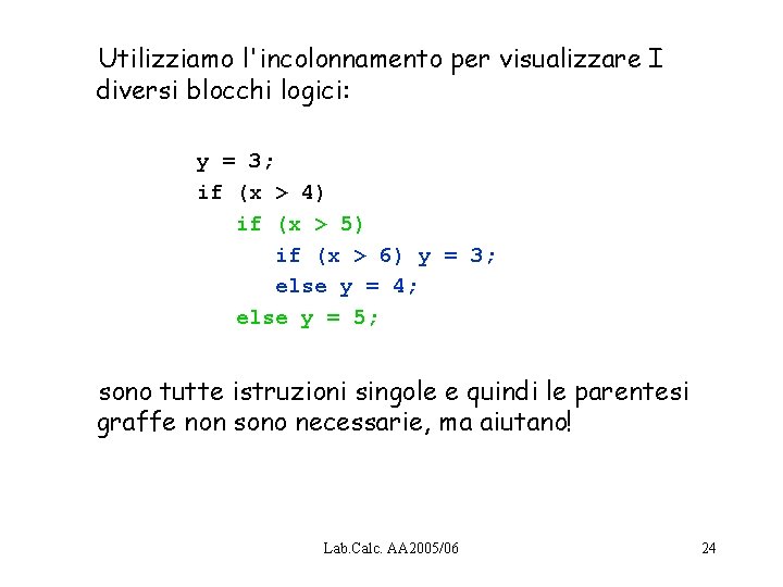 Utilizziamo l'incolonnamento per visualizzare I diversi blocchi logici: y = 3; if (x >