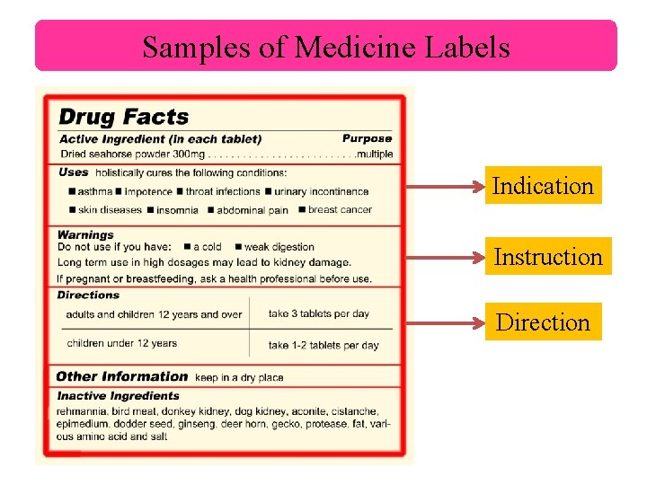 Samples of Medicine Labels Indication Instruction Direction 