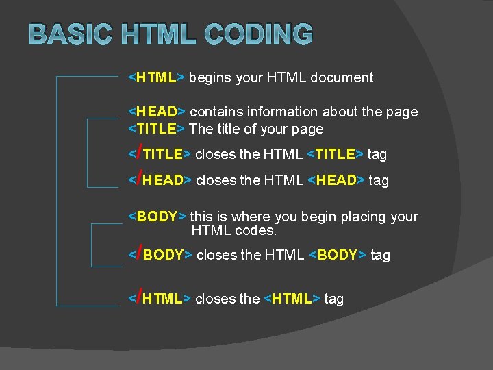 BASIC HTML CODING <HTML> begins your HTML document <HEAD> contains information about the page
