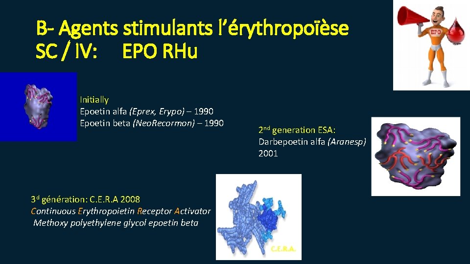 B- Agents stimulants l’érythropoïèse SC / IV: EPO RHu Initially Epoetin alfa (Eprex, Erypo)