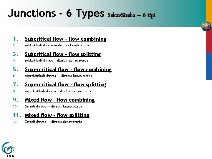 Junctions - 6 Types Sekav. Sireba – 6 tipi 1. 2. Subcritical flow -