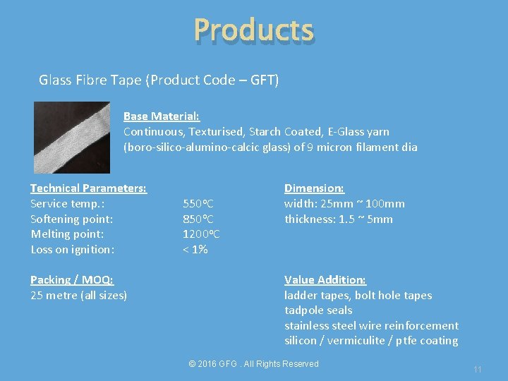 Products Glass Fibre Tape (Product Code – GFT) Base Material: Continuous, Texturised, Starch Coated,