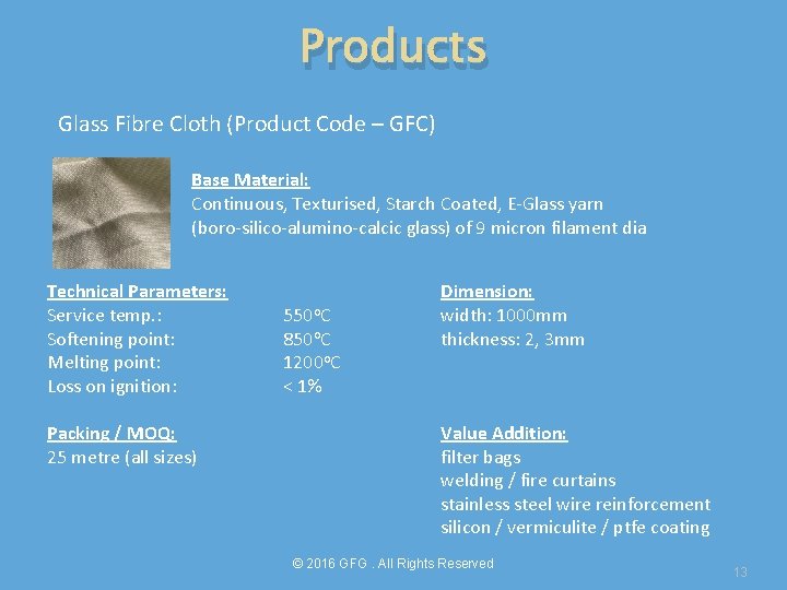 Products Glass Fibre Cloth (Product Code – GFC) Base Material: Continuous, Texturised, Starch Coated,
