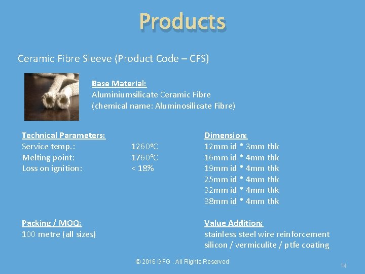Products Ceramic Fibre Sleeve (Product Code – CFS) Base Material: Aluminiumsilicate Ceramic Fibre (chemical
