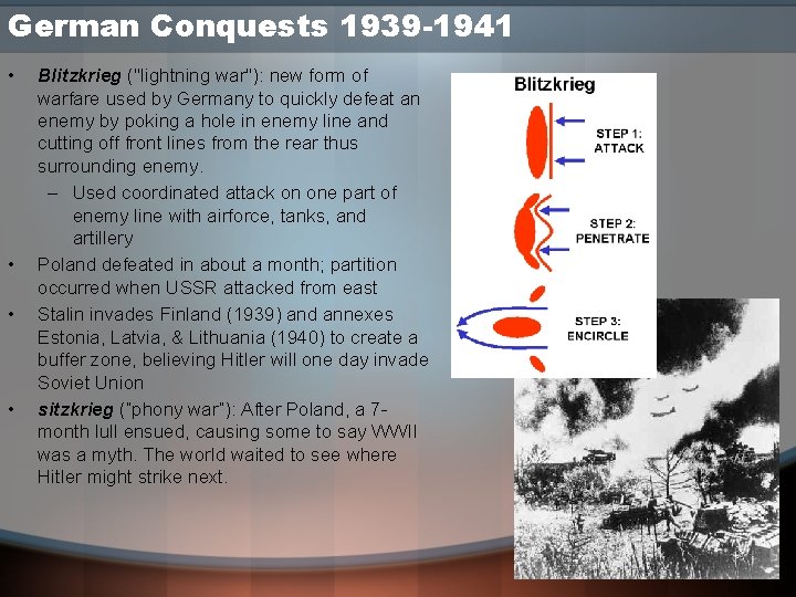 German Conquests 1939 -1941 • • Blitzkrieg ("lightning war"): new form of warfare used