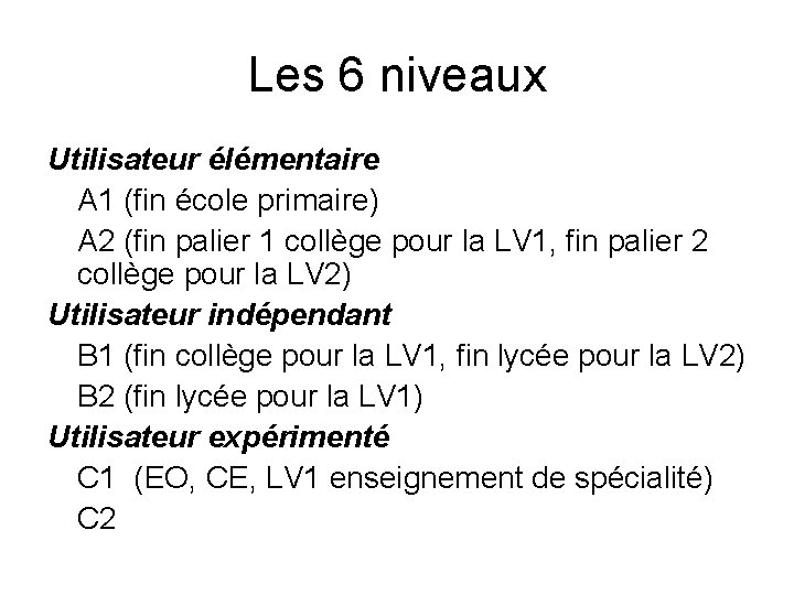 Les 6 niveaux Utilisateur élémentaire A 1 (fin école primaire) A 2 (fin palier