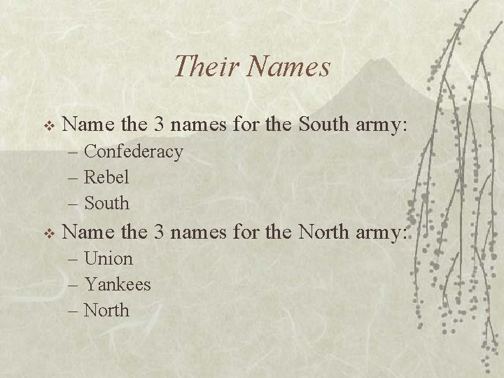 Their Names v Name the 3 names for the South army: – Confederacy –