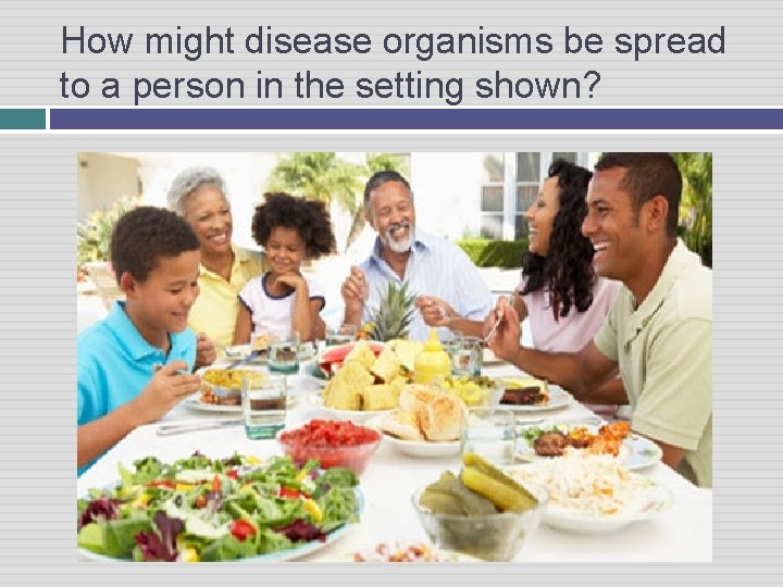 How might disease organisms be spread to a person in the setting shown? 