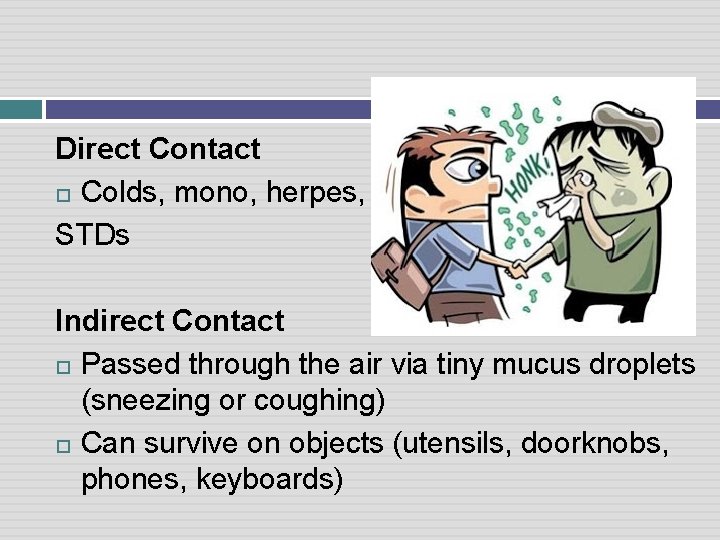 Direct Contact Colds, mono, herpes, STDs Indirect Contact Passed through the air via tiny