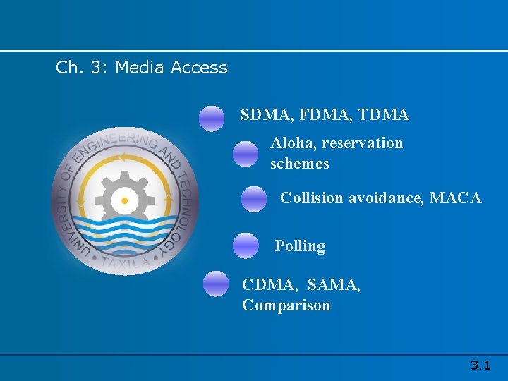 Ch. 3: Media Access SDMA, FDMA, TDMA Aloha, reservation schemes Collision avoidance, MACA Polling