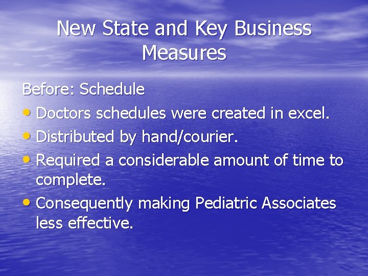 New State and Key Business Measures Before: Schedule • Doctors schedules were created in