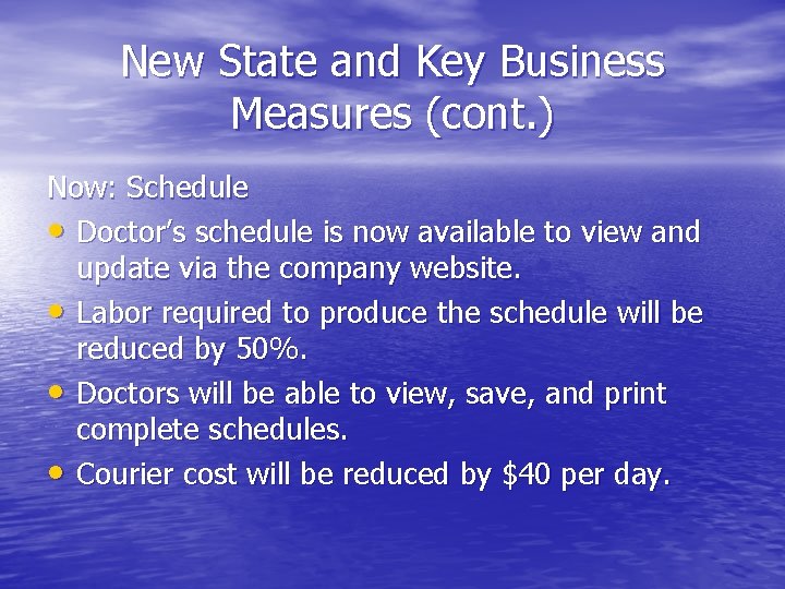 New State and Key Business Measures (cont. ) Now: Schedule • Doctor’s schedule is