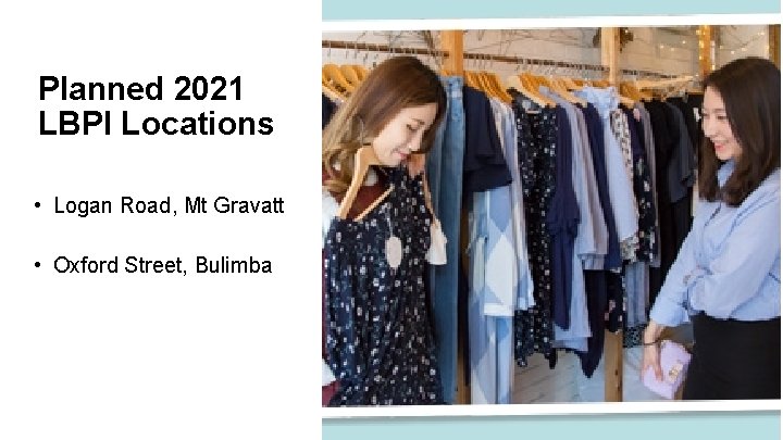 Planned 2021 LBPI Locations • Logan Road, Mt Gravatt • Oxford Street, Bulimba 
