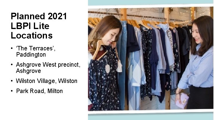 Planned 2021 LBPI Lite Locations • ‘The Terraces’, Paddington • Ashgrove West precinct, Ashgrove