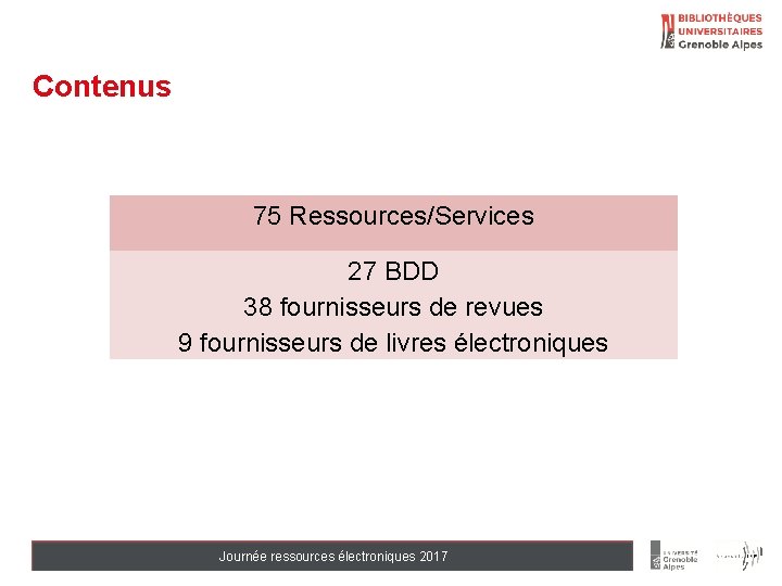 Contenus 75 Ressources/Services 27 BDD 38 fournisseurs de revues 9 fournisseurs de livres électroniques