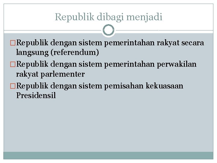 Republik dibagi menjadi �Republik dengan sistem pemerintahan rakyat secara langsung (referendum) �Republik dengan sistem